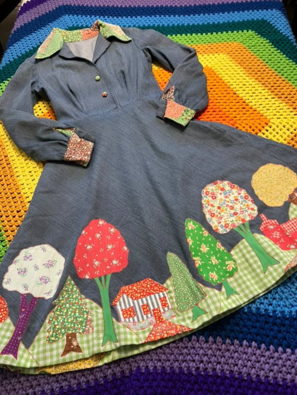 60's Vintage Denim Blue Jean Rainbow Calico Patchwork Mod Swing Midi Dress